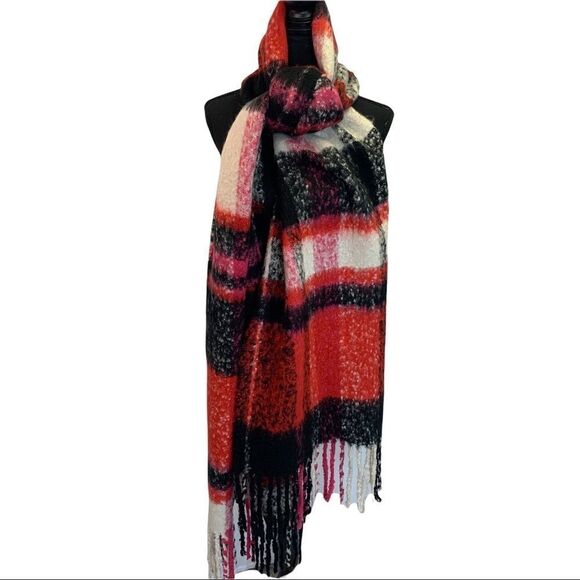 Indigo Black ivory red and pink plaid check blanket scarf - Picture 4 of 9